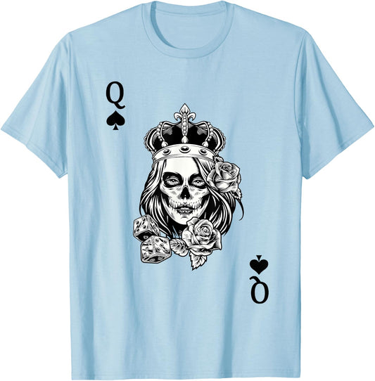 Couple Matching King And Queen of Spades 1/2 Skull Goth Punk T-Shirt - T-Shirt | Light Blue