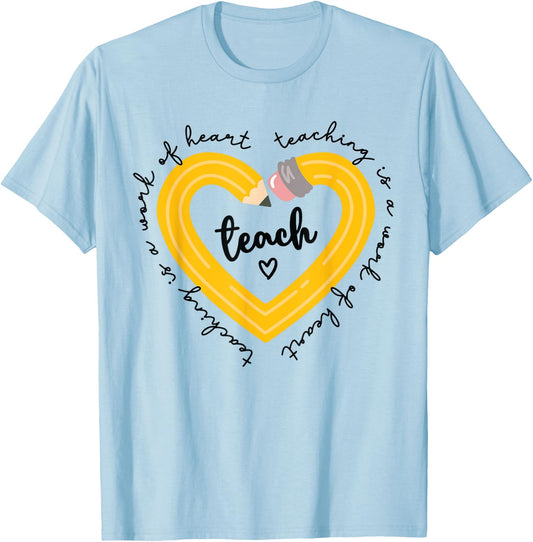Pencil Retro Teaching Is A Work Of Heart Funny Teacher Life Men Women Kids T-Shirt - T-Shirt | Light Blue