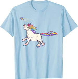 Cute Rainbow Unicorn Chasing Butterfly T-Shirt - T-Shirt | Light Blue