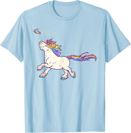 Cute Rainbow Unicorn Chasing Butterfly T-Shirt - T-Shirt | Light Blue