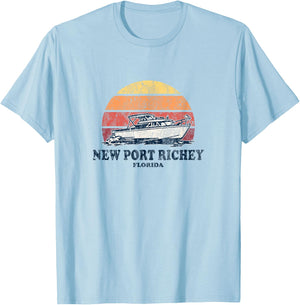 New Port Richey FL Vintage Boating 70s Retro Boat Design T-Shirt - T-Shirt | Light Blue