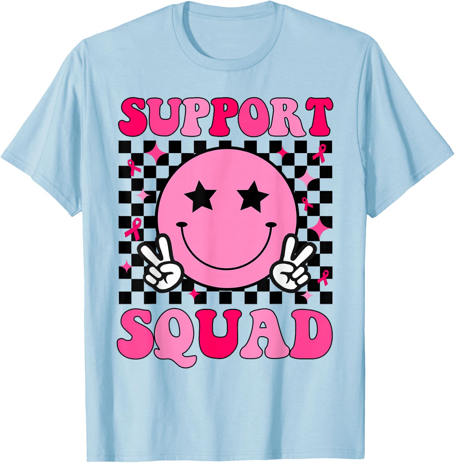 Retro Groovy Support Squad Breast Cancer Awareness T-Shirt - T-Shirt | Light Blue