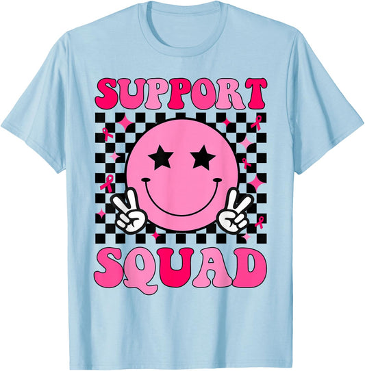 Retro Groovy Support Squad Breast Cancer Awareness T-Shirt - T-Shirt | Light Blue