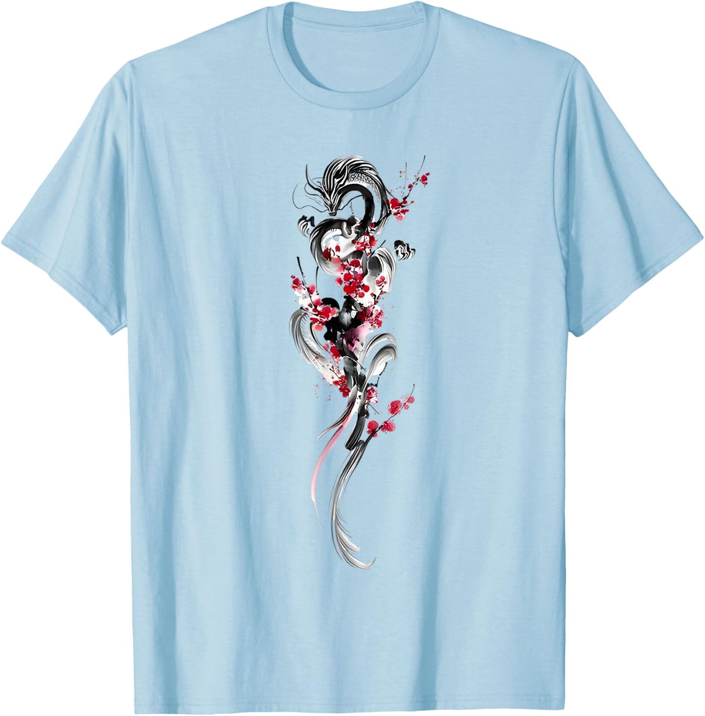 Cherry Blossom Japanese Dragon Asian Retro 80’s Style T-Shirt - T-Shirt | Light Blue