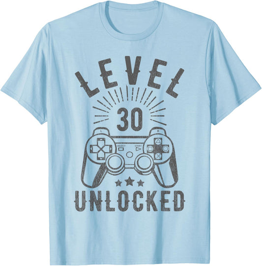 Level 30 Unlocked Funny Gamer 30th Birthday Vintage 30 Years T-Shirt - T-Shirt | Light Blue