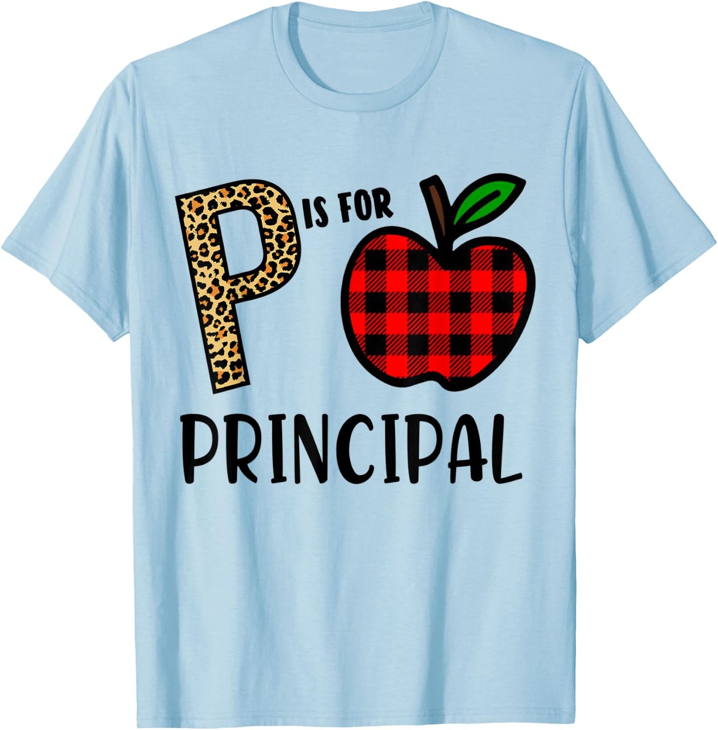 P is for Principal Leopard Buffalo Plaid T-Shirt - T-Shirt | Light Blue