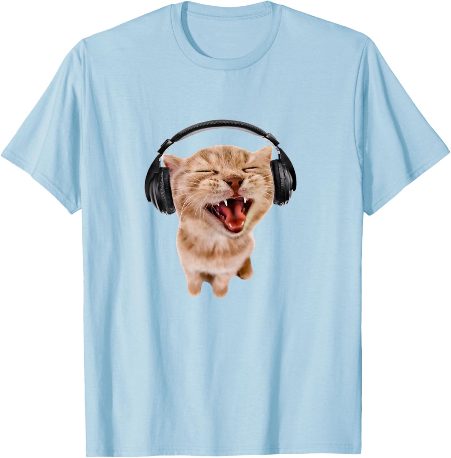 Silly Cat with Headphones T-Shirt - T-Shirt | Light Blue
