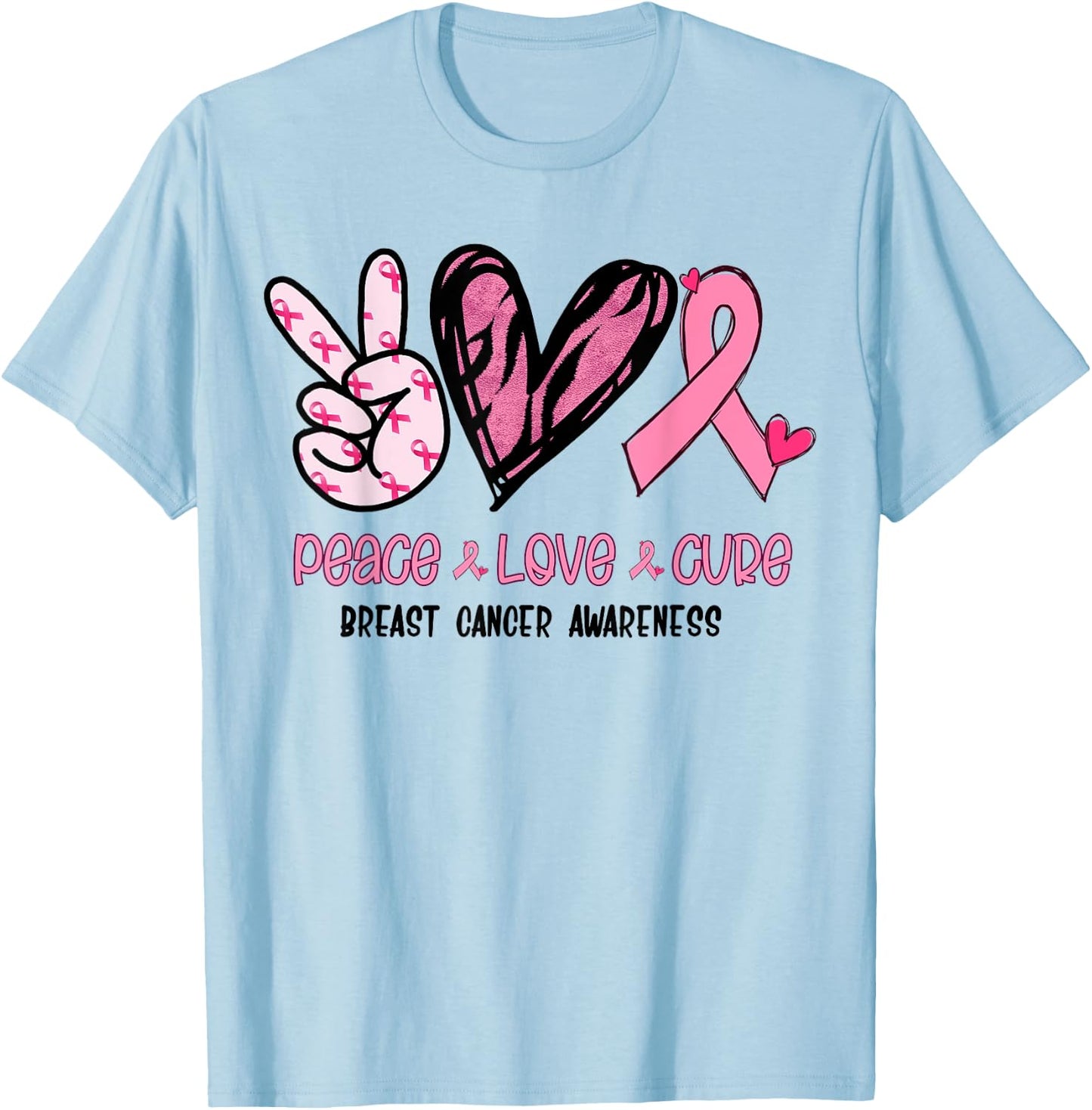 Breast Cancer Peace Love Cure In October We Wear Pink Ribbon T-Shirt - T-Shirt | Light Blue