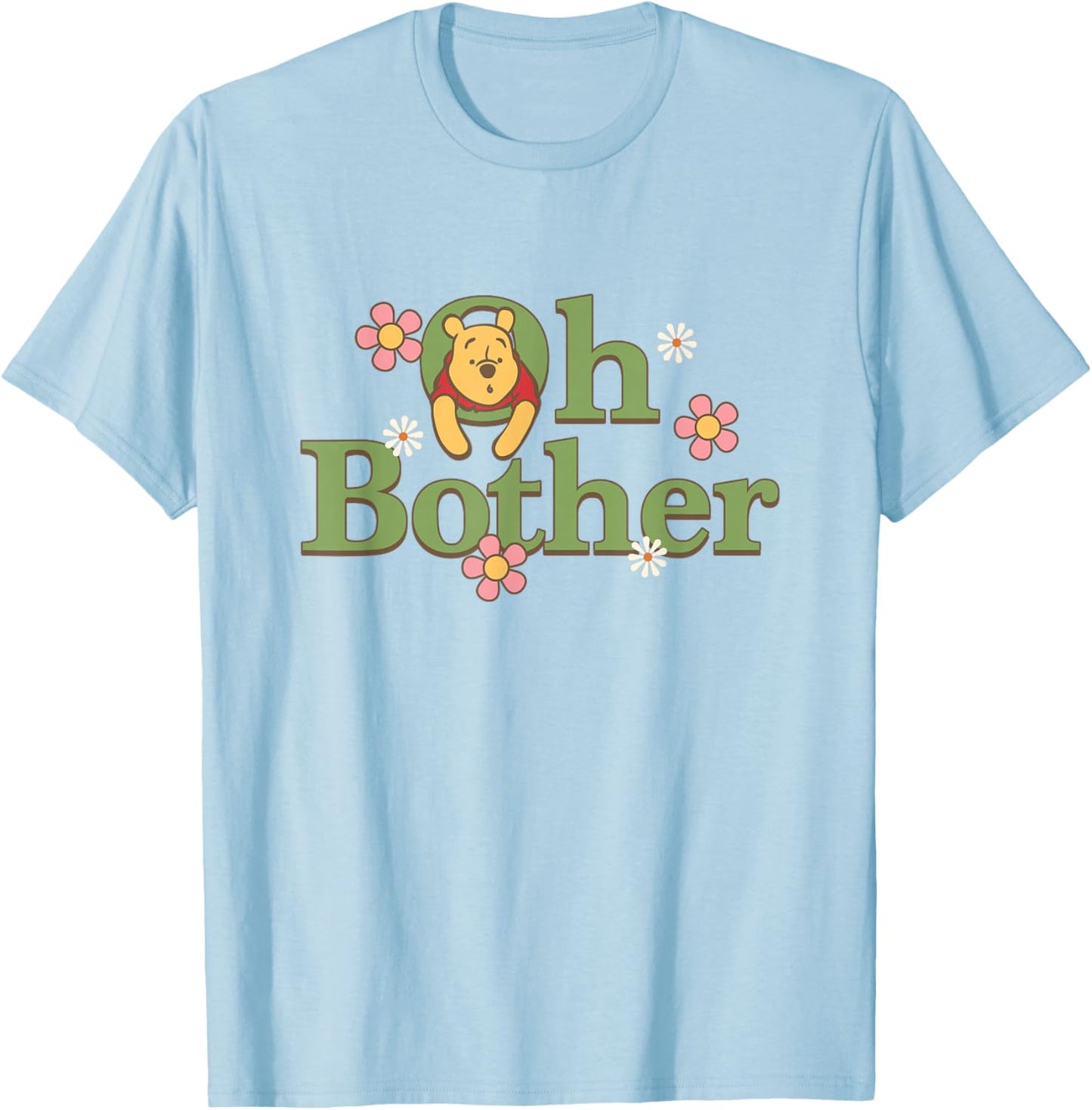 Disney Winnie the Pooh Oh Bother Cute Floral Chest Text Logo T-Shirt - T-Shirt | Light Blue