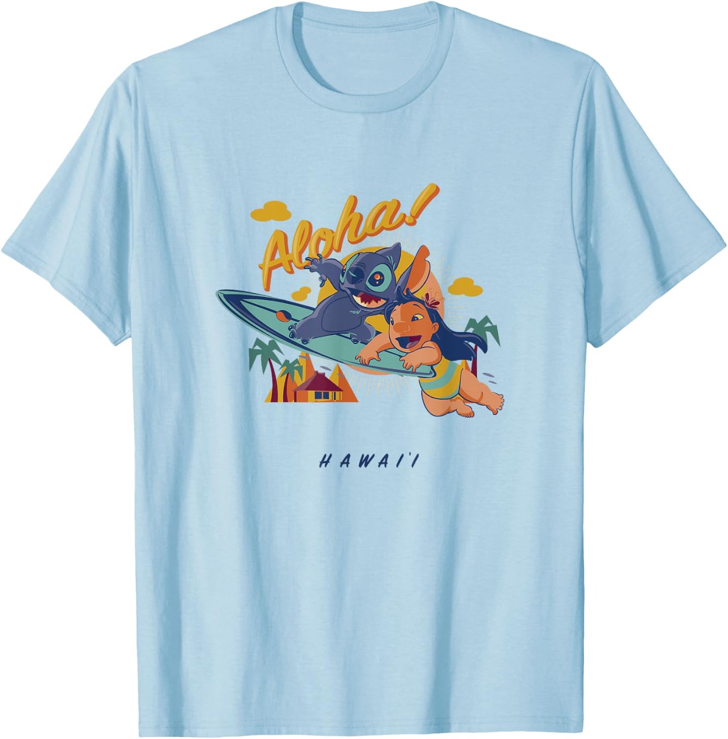Disney Lilo & Stitch Aloha Enjoying Summer Surfing Portrait Women Girls Kids T-Shirt - T-Shirt | Light Blue