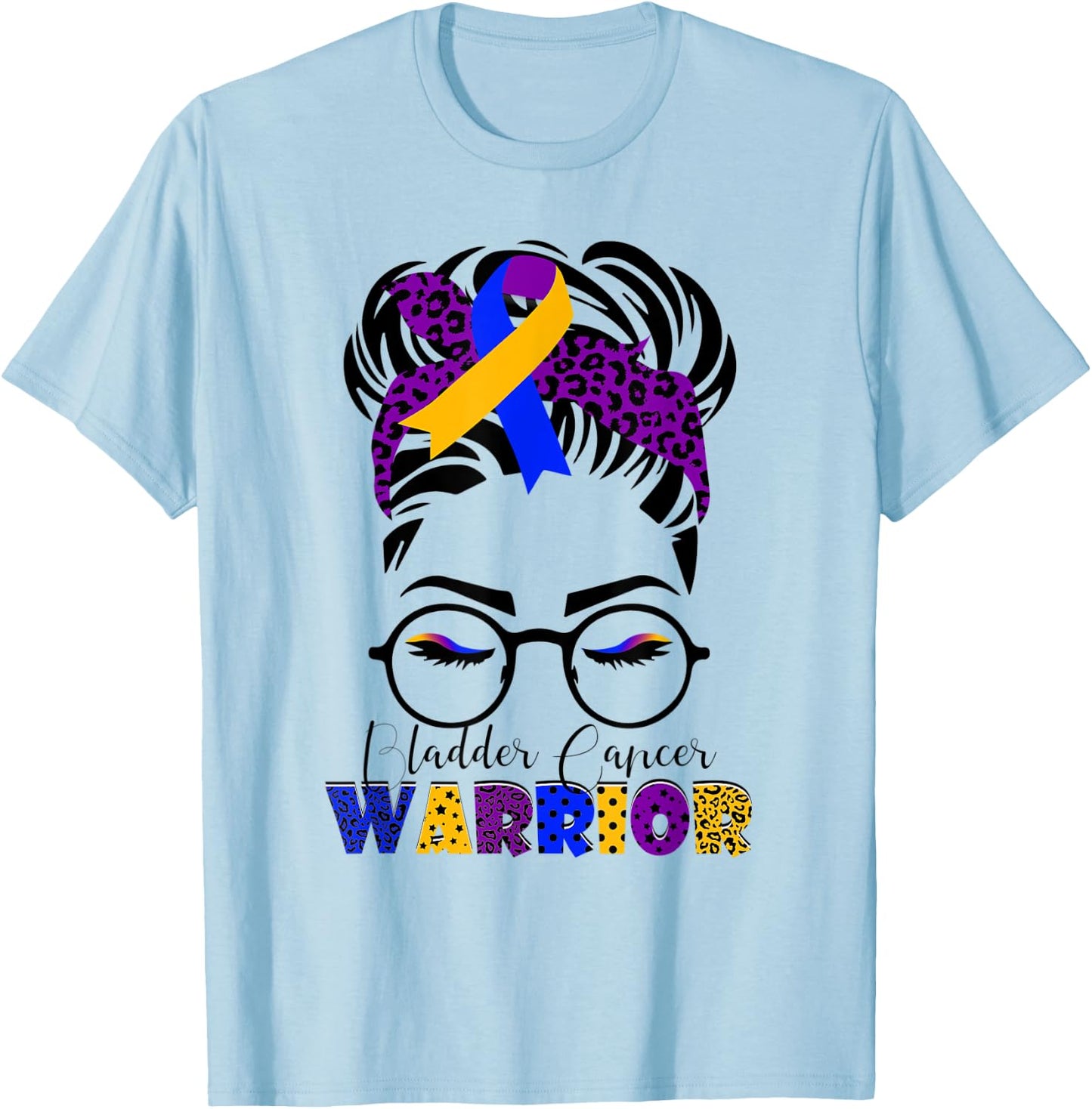 Messy Bun Leopard Bandana Bladder Cancer Warrior Mothers Day T-Shirt - T-Shirt | Light Blue