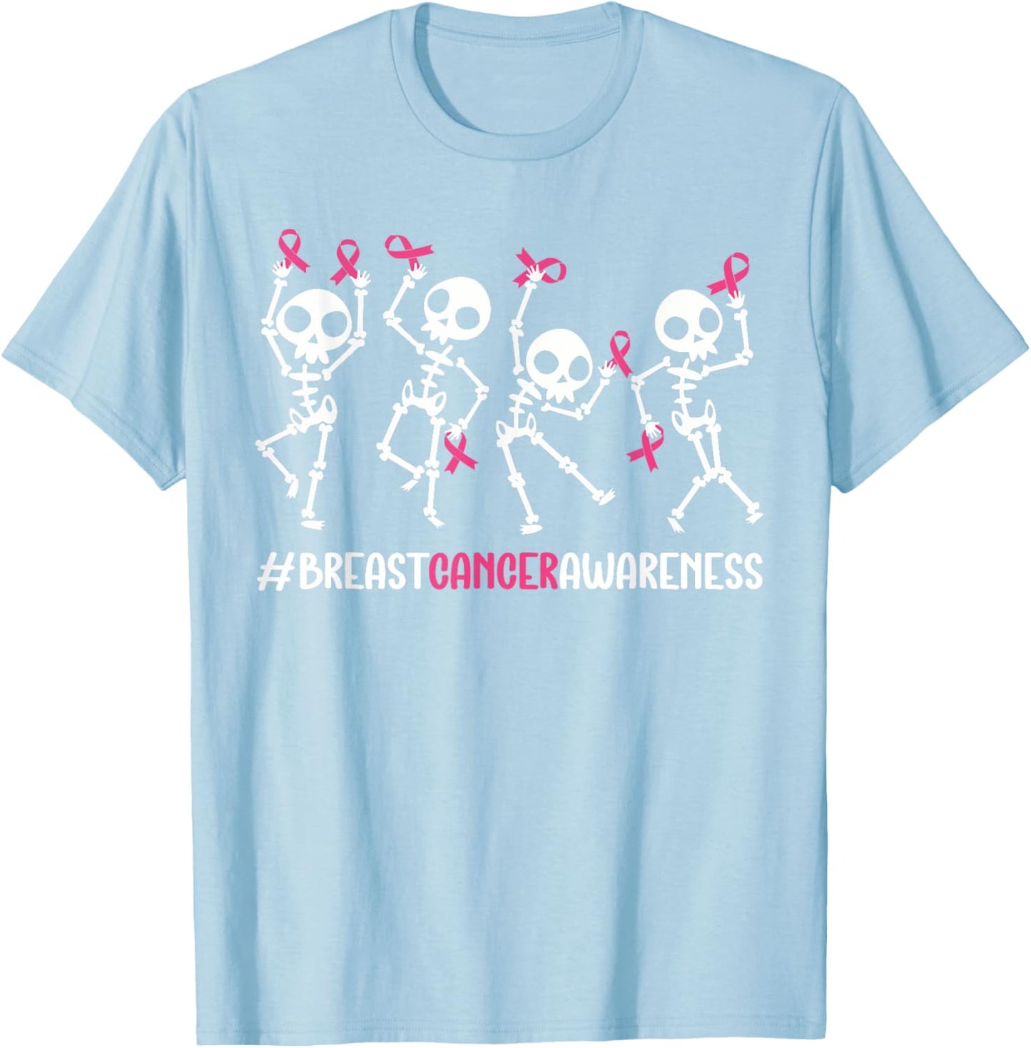 Pink Ribbon Breast Cancer Awareness Skeleton Women Men Kids T-Shirt - T-Shirt | Light Blue
