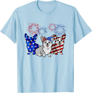 Corgi American Flag Firework Independence Day T-Shirt - T-Shirt | Light Blue