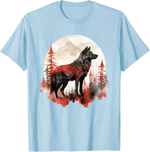 Wolf Splash Art Animal Face Forest Landscape Wolf T-Shirt - T-Shirt | Light Blue