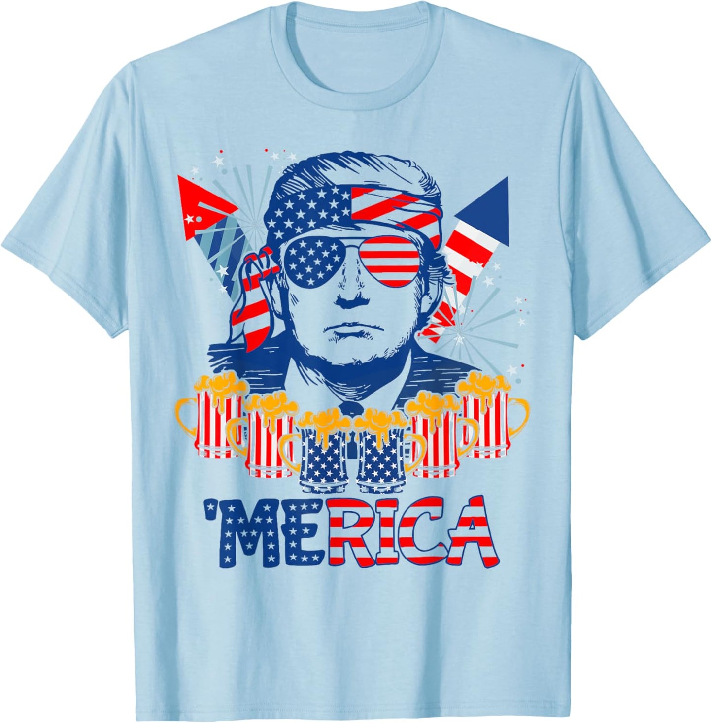 'MERICA TRUMP Drink Beer 4th Of July American Flag Fireworks Men T-Shirt - T-Shirt | Light Blue