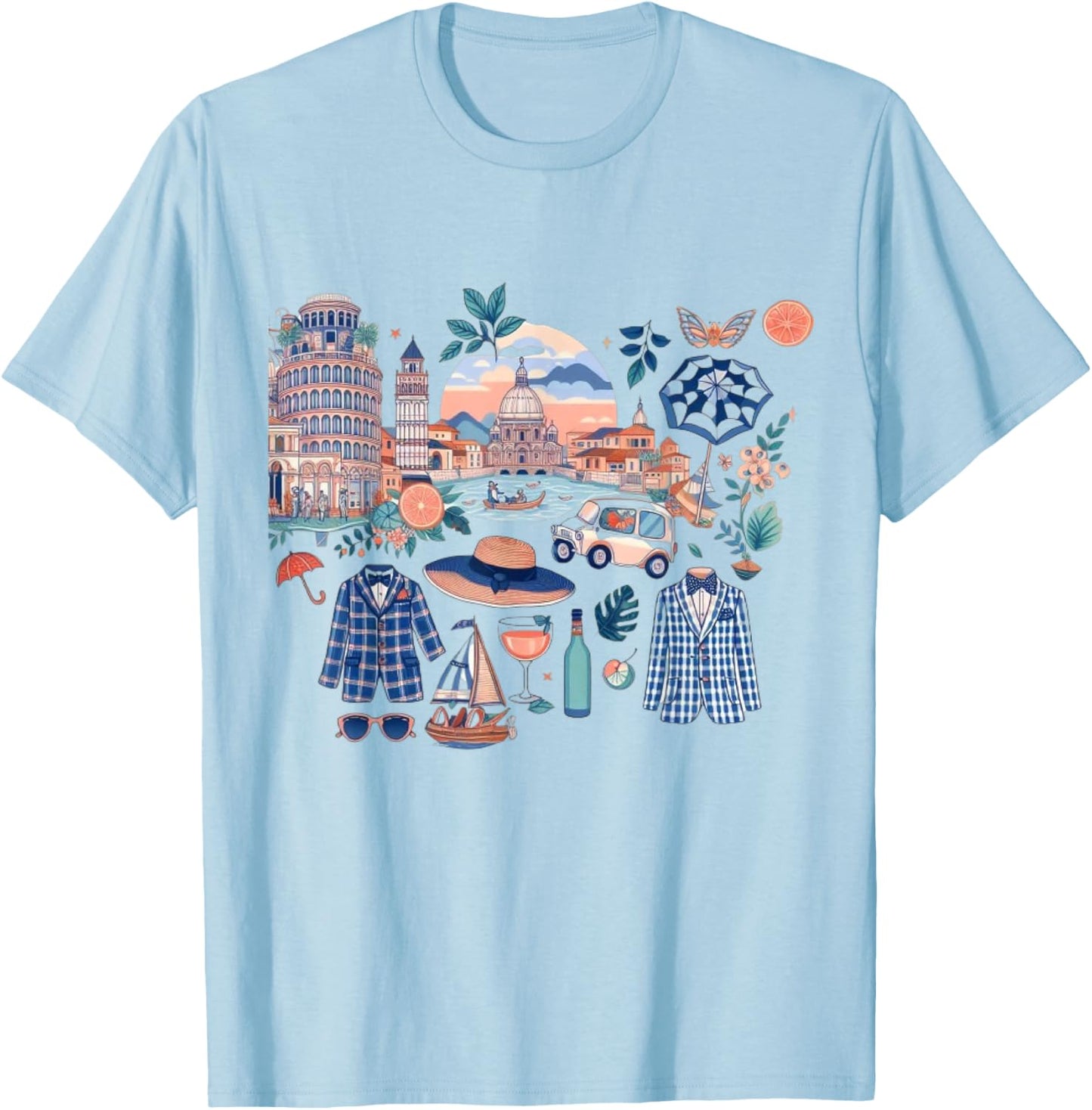 Aesthetic Italian European Summer Preppy Collage Men Women Kids T-Shirt - T-Shirt | Light Blue
