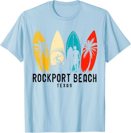 Vintage Rockport Beach Texas Surfboarder T-Shirt - T-Shirt | Light Blue