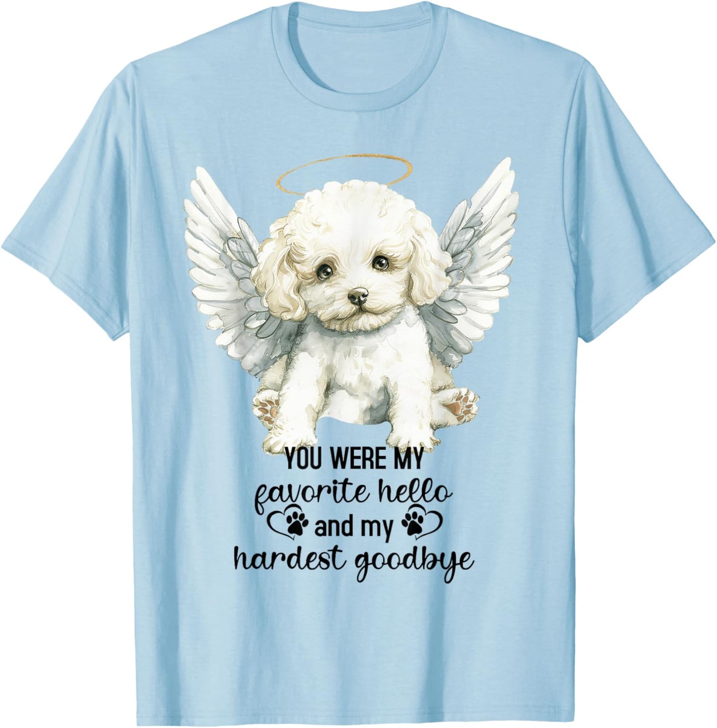 Bichon Frise Dog Memorial Angel Paw Prints Wings Goodbye T-Shirt - T-Shirt | Light Blue