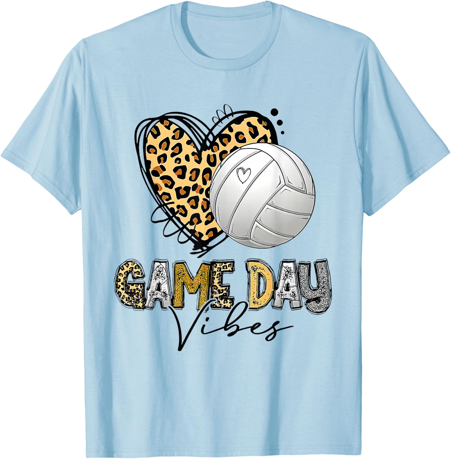 Volleyball Game Day Vibes Sport Heart Leopard Print Women T-Shirt - T-Shirt | Light Blue