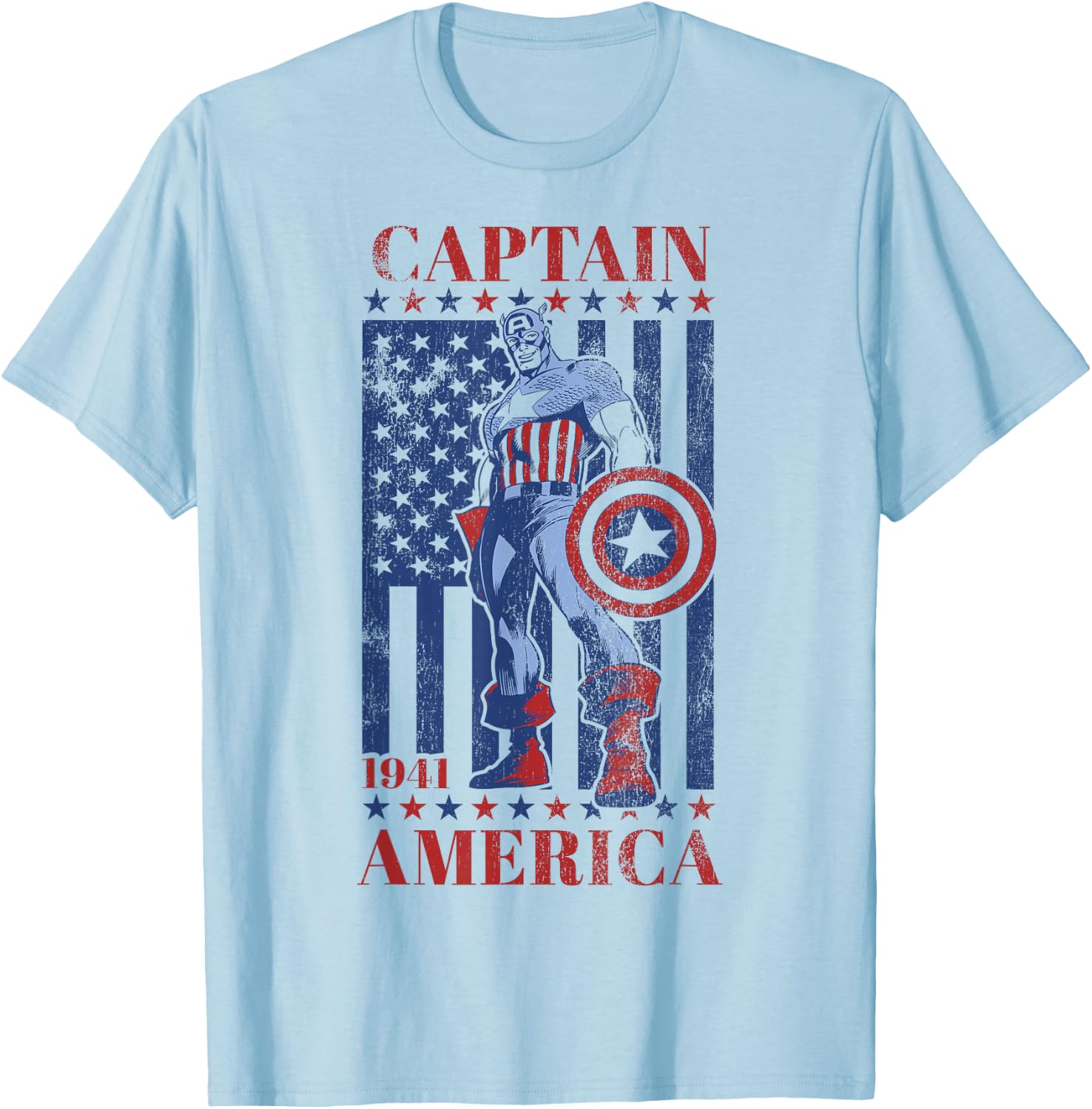 Marvel Captain America 1944 American Flag Faded Portrait T-Shirt - T-Shirt | Light Blue