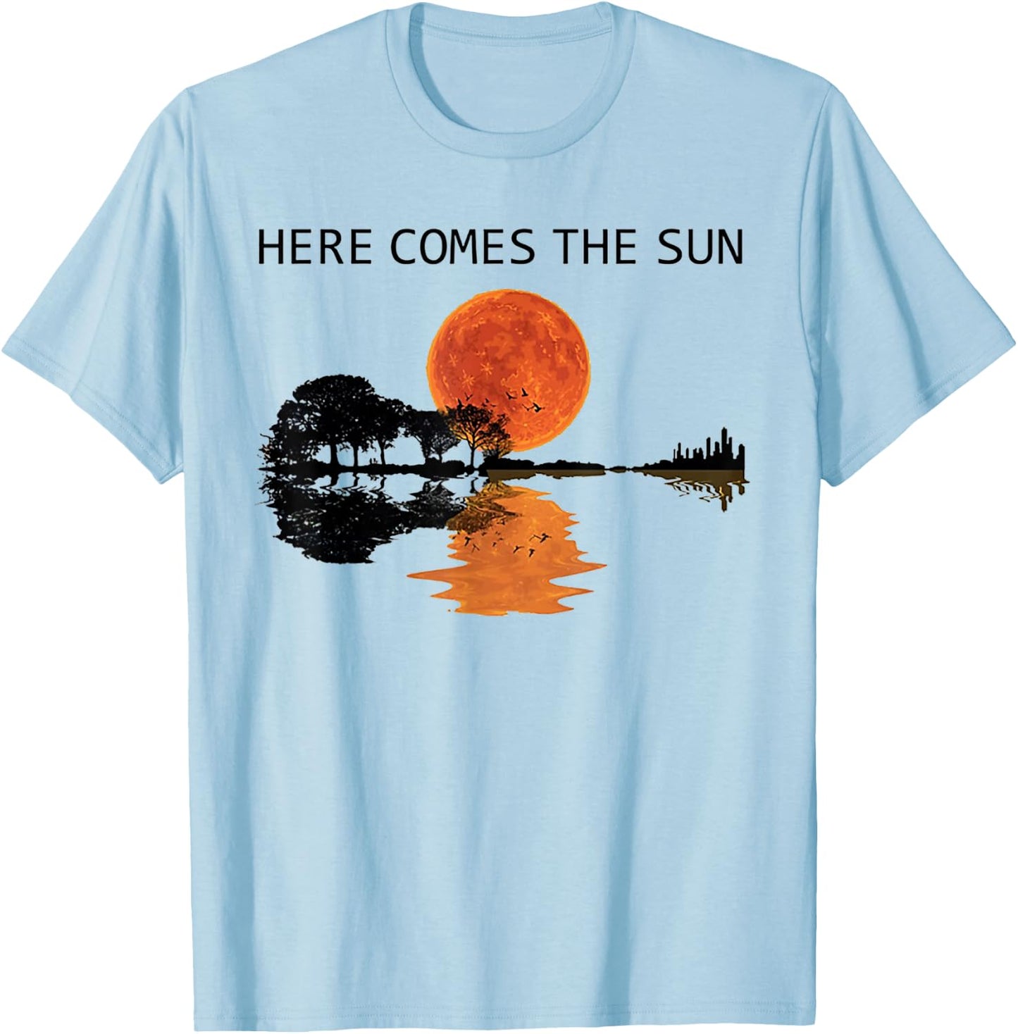 Here Comes The Sun Guitar Shadow Water Retro Sunset T-Shirt - T-Shirt | Light Blue