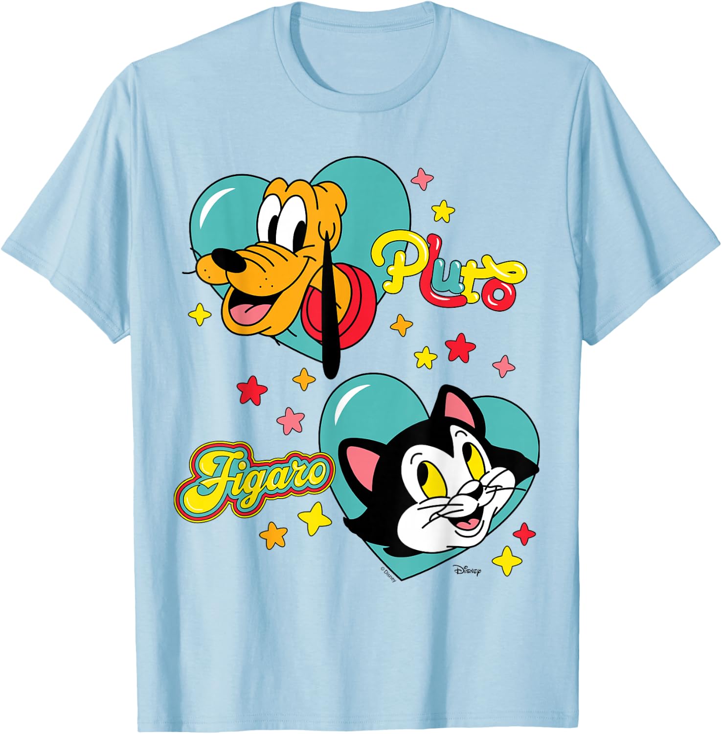 Pluto And Figaro Hearts And Stars T-Shirt - T-Shirt | Light Blue