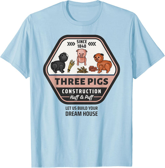 Three Pigs Construction Co. Logo T-Shirt - T-Shirt | Light Blue