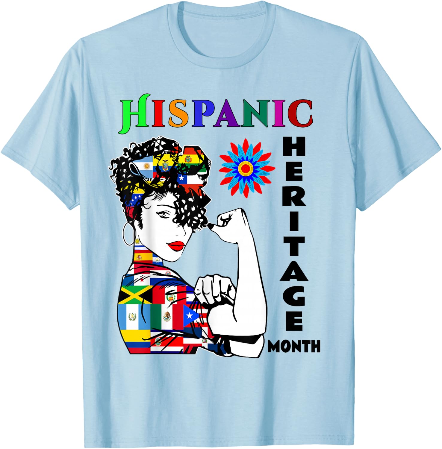 Hispanic Heritage Month Woman Latino Countries Flag T-Shirt - T-Shirt | Light Blue