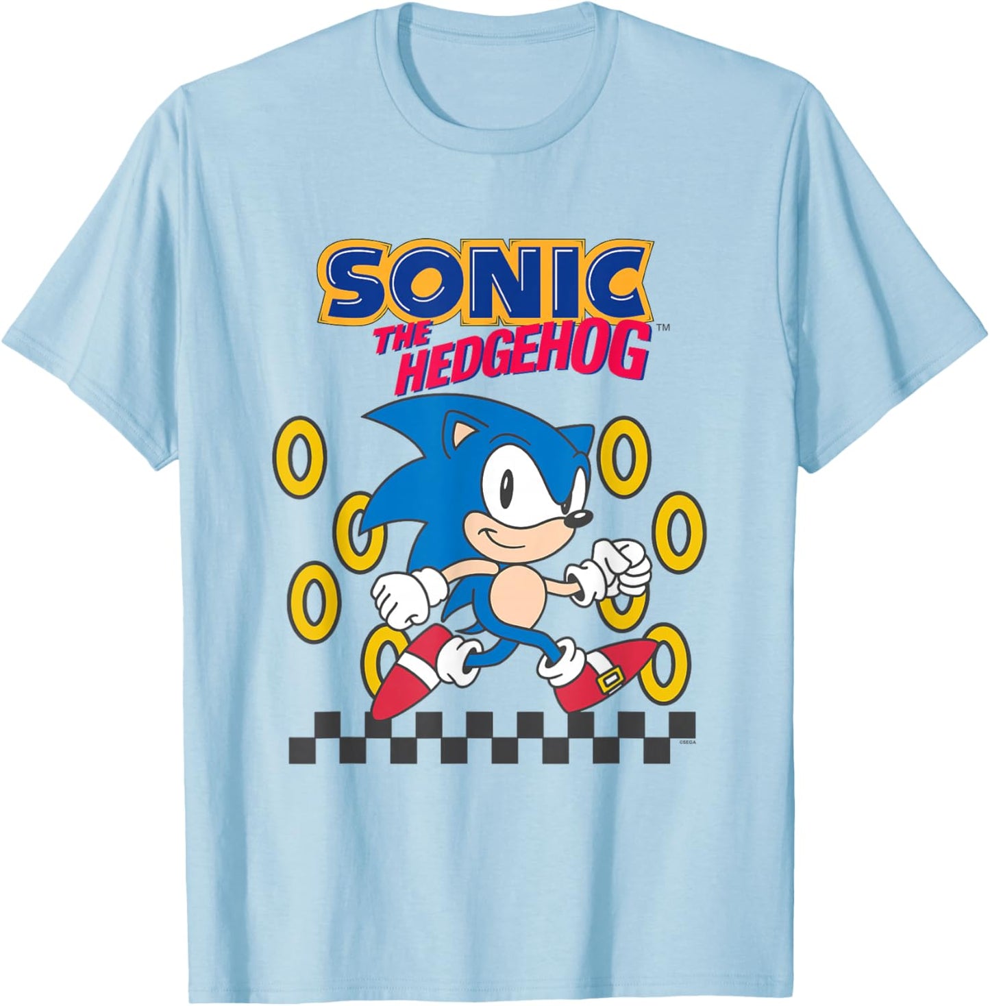 Sonic The Hedgehog Cute Run Through Golden Rings Retro T-Shirt - T-Shirt | Light Blue