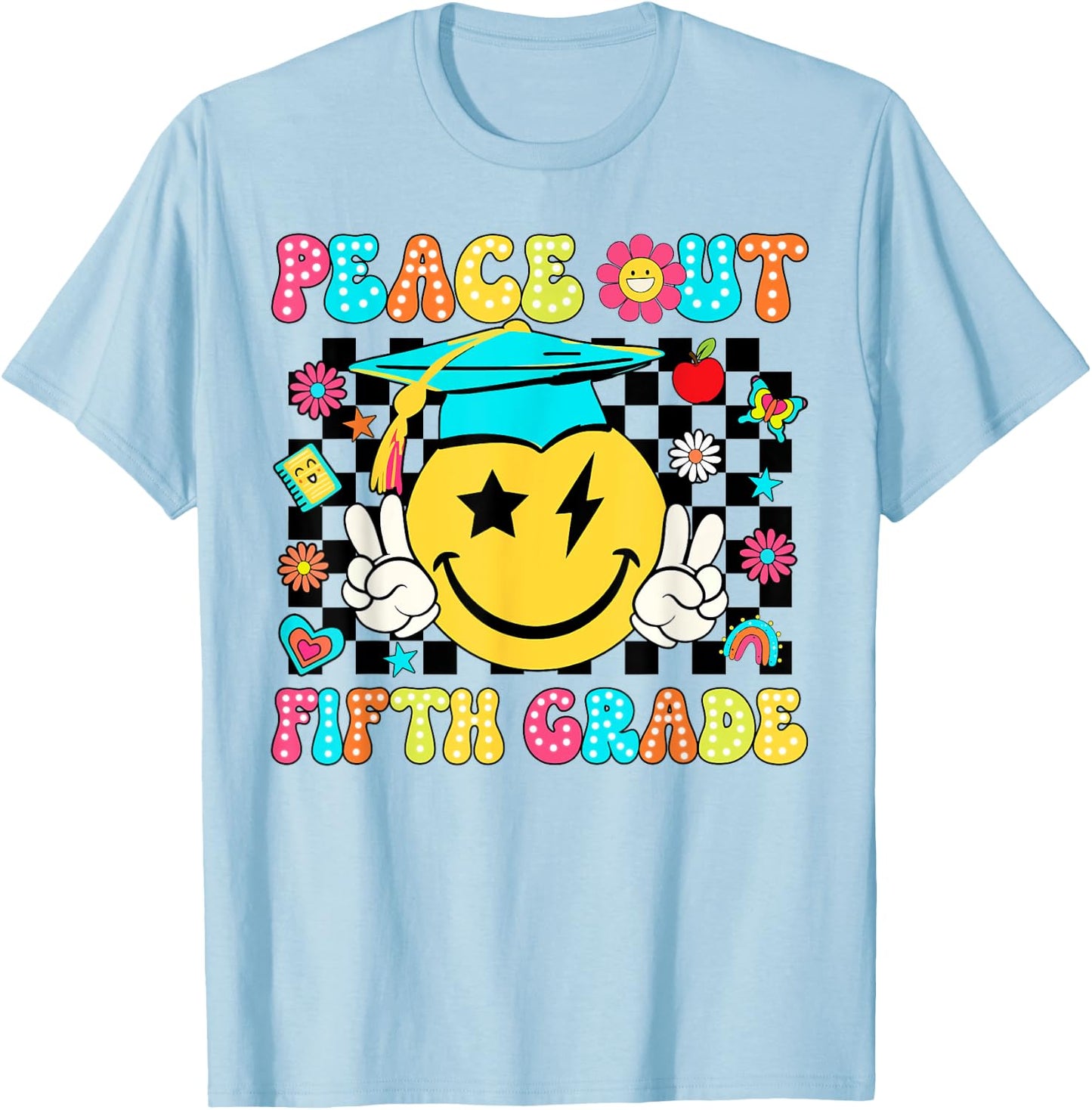 Peace Out Fifth Grade Cute Groovy Last Day Of 5th Grade T-Shirt - T-Shirt | Light Blue