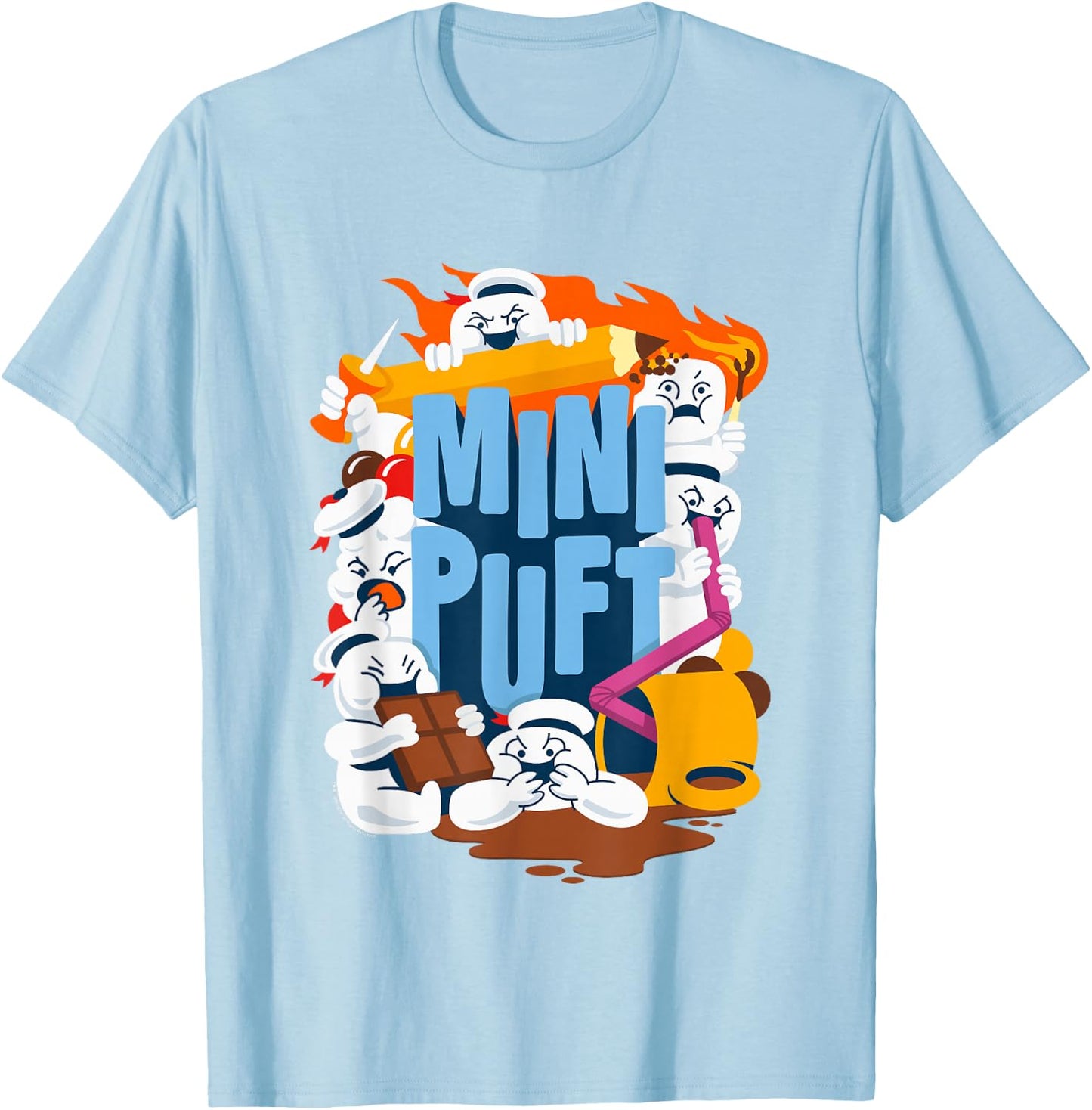 Ghostbusters Cute Mini Puft Being A Mess Group Shot Poster T-Shirt - T-Shirt | Light Blue