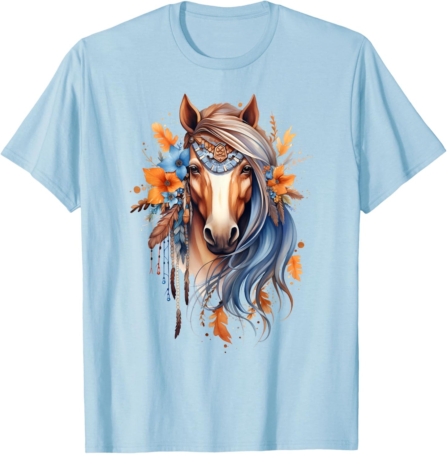 Floral Boho Horse Print Beautiful Rustic Hippie Aesthetic T-Shirt - T-Shirt | Light Blue