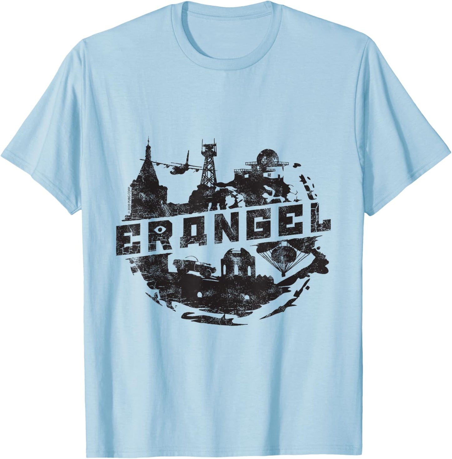 PUBG Erangel Logo - Men's Grey Cotton Polyester Blend Short Sleeve Classic Fit Collarless - Small T-Shirt - T-Shirt | Light Blue