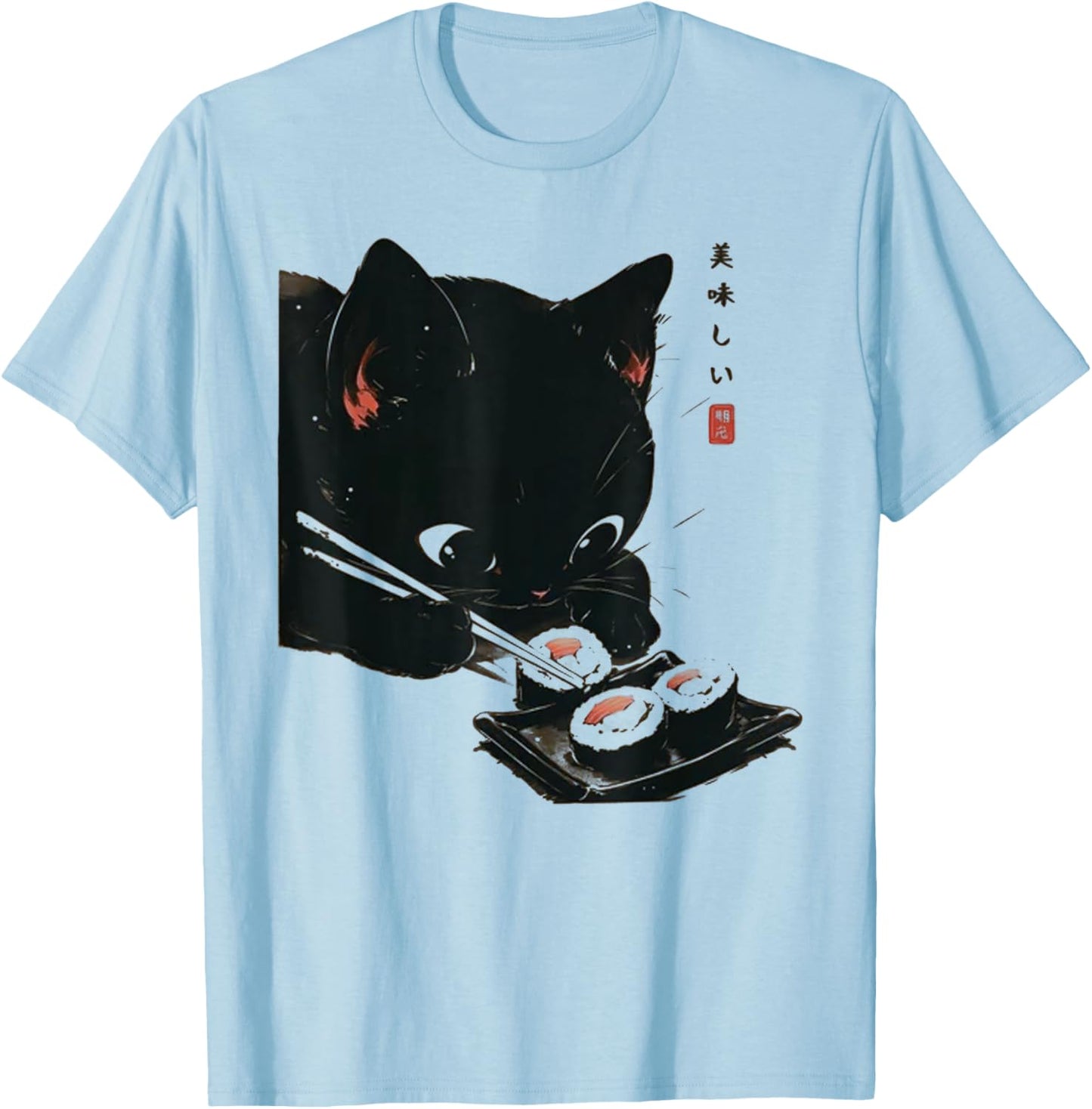 Black Cat Eating Sushi - Cat Japanese Art Women T-Shirt - T-Shirt | Light Blue