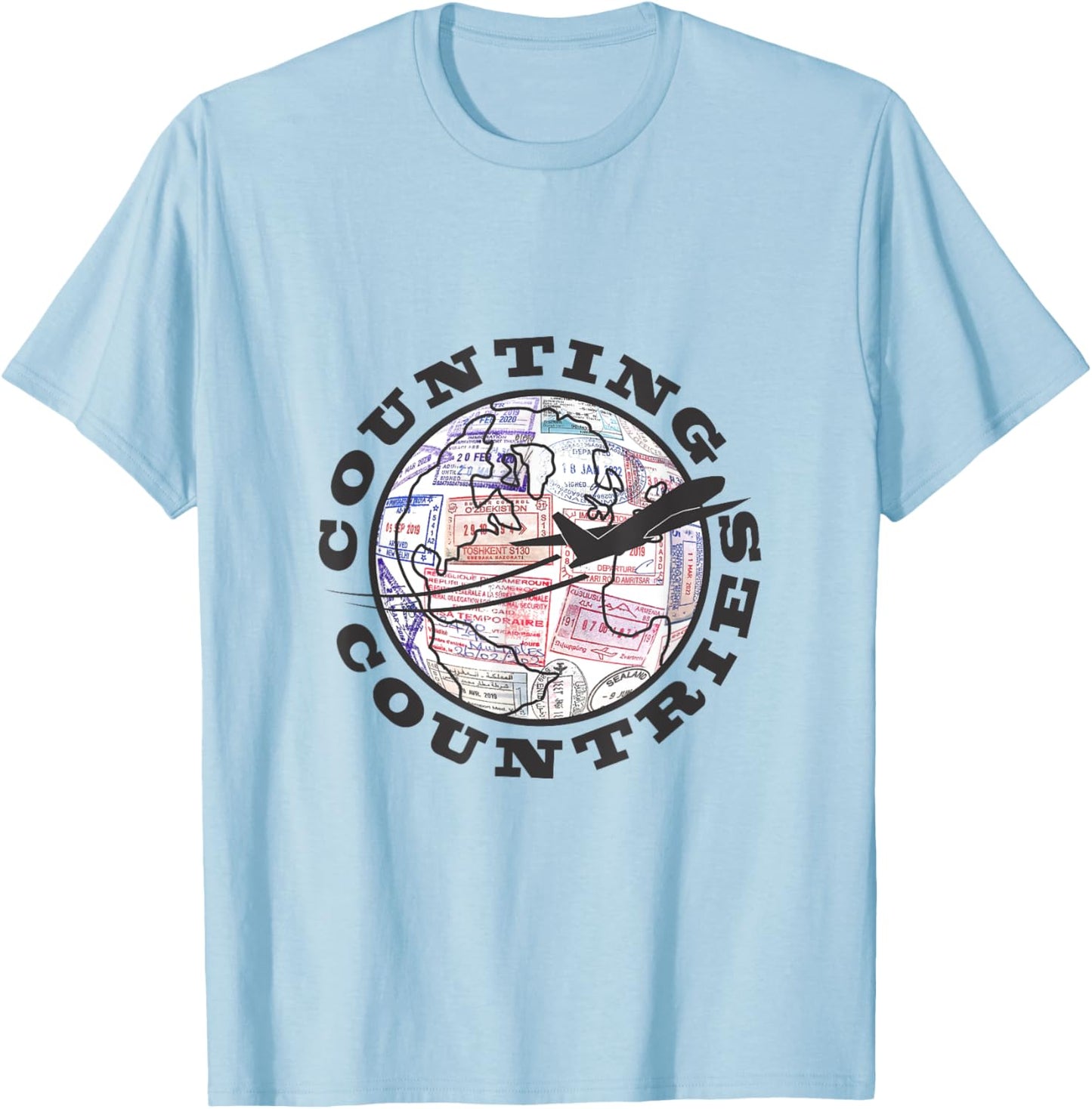 Counting Countries, Front Logo, Black Airplane T-Shirt - T-Shirt | Light Blue