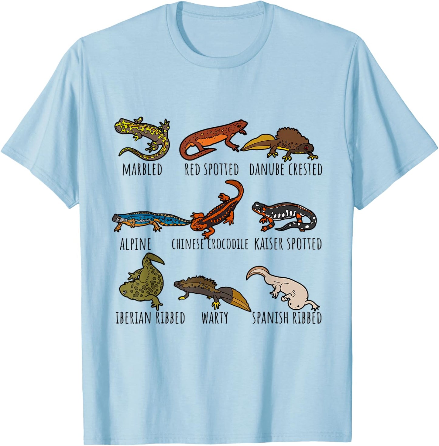 Cute Types Of Newts Salamander Species Chart For Newt Lovers T-Shirt - T-Shirt | Light Blue