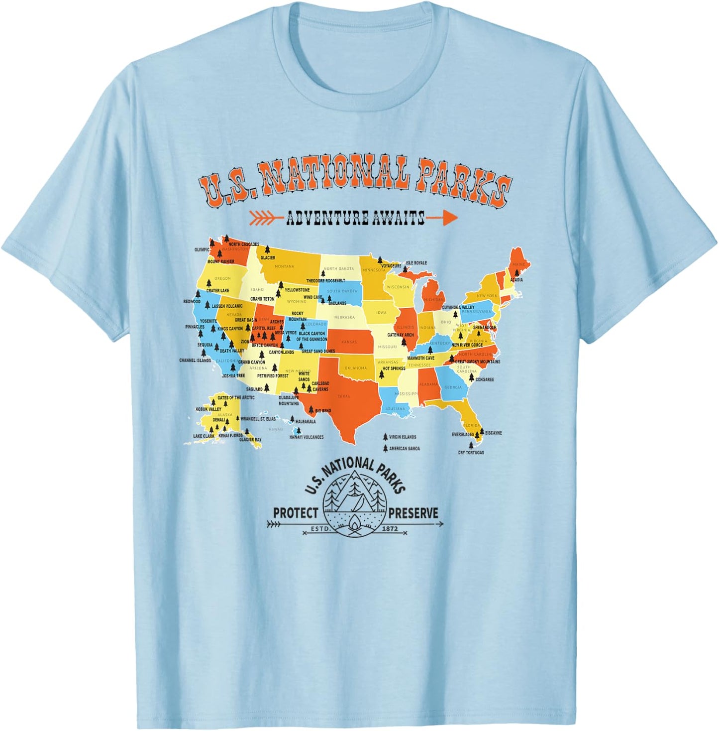 U.S. National Park Hiking Map - All 63 US National Parks Map T-Shirt - T-Shirt | Light Blue
