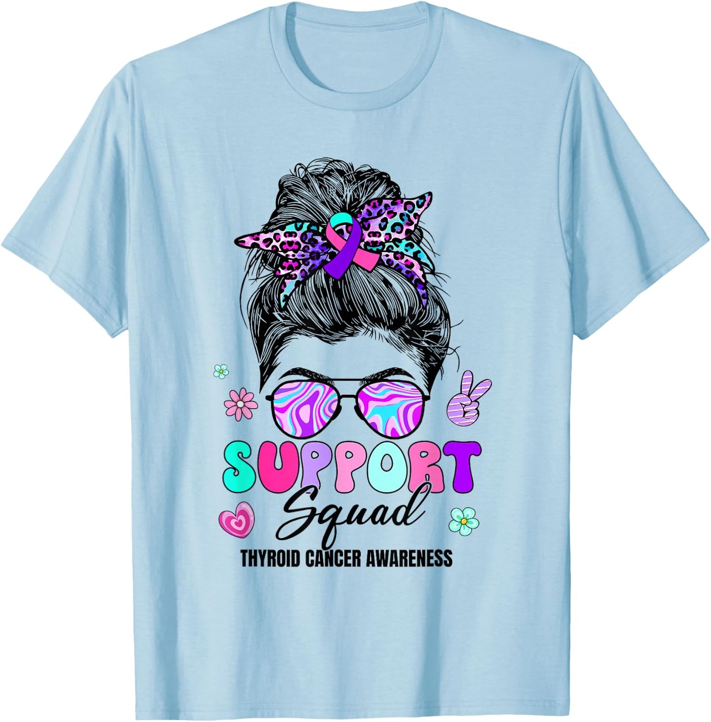 Support Squad Messy Bun Thyroid Cancer Awareness Groovy T-Shirt - T-Shirt | Light Blue