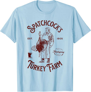 Spatchcock's Turkey Farm Vintage Distressed Thanksgiving T-Shirt - T-Shirt | Light Blue