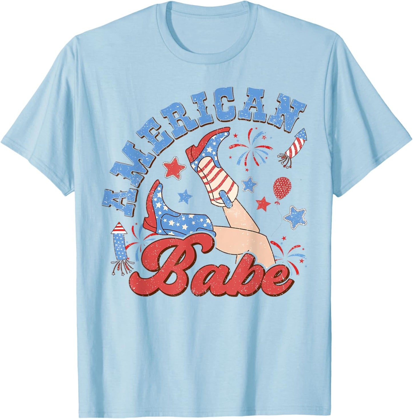 Retro American Girls Babe 4th Of July Western Cowgirl Boots T-Shirt - T-Shirt | Light Blue