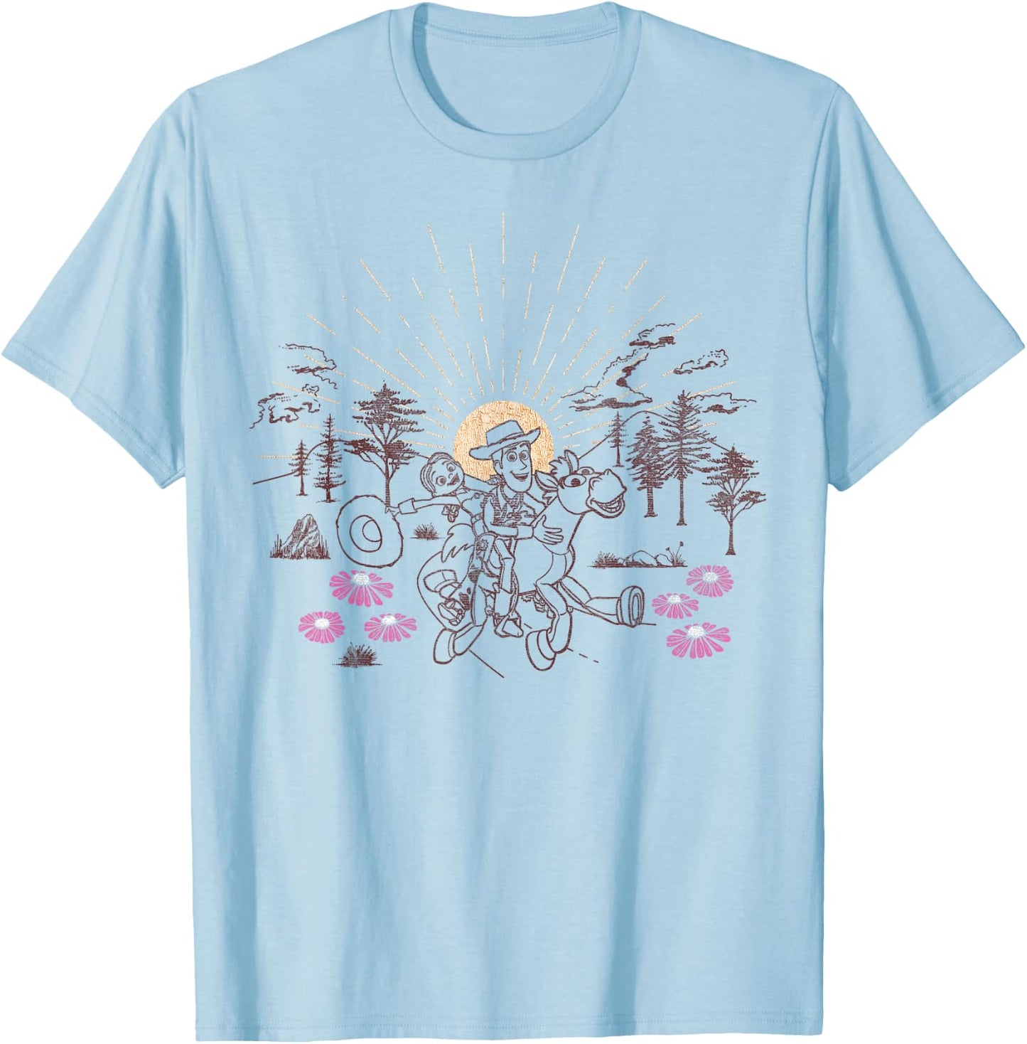 Disney Pixar Toy Story Woody Jessie Bullseye Line Art T-Shirt - T-Shirt | Light Blue