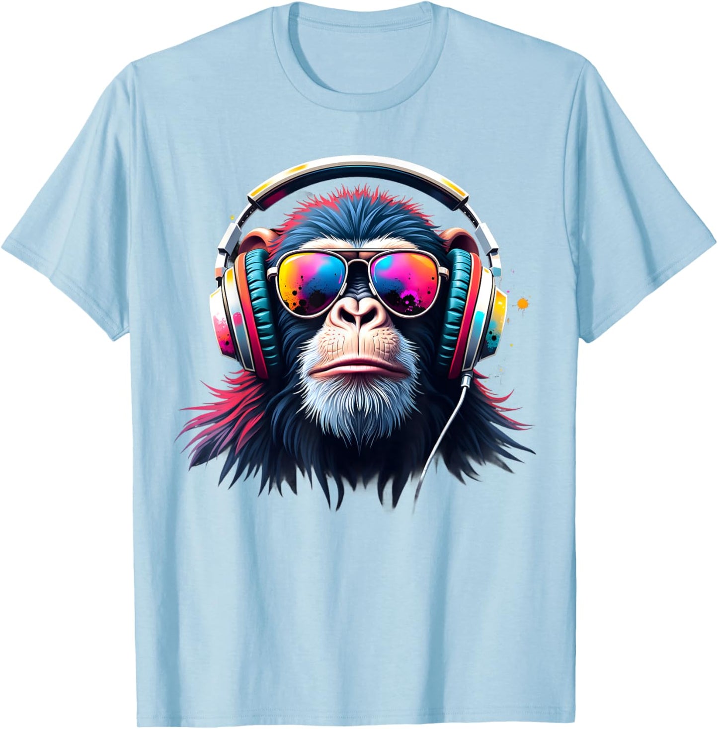 Colourful Monkey With Headphones & Glasses Musical Monkey T-Shirt - T-Shirt | Light Blue