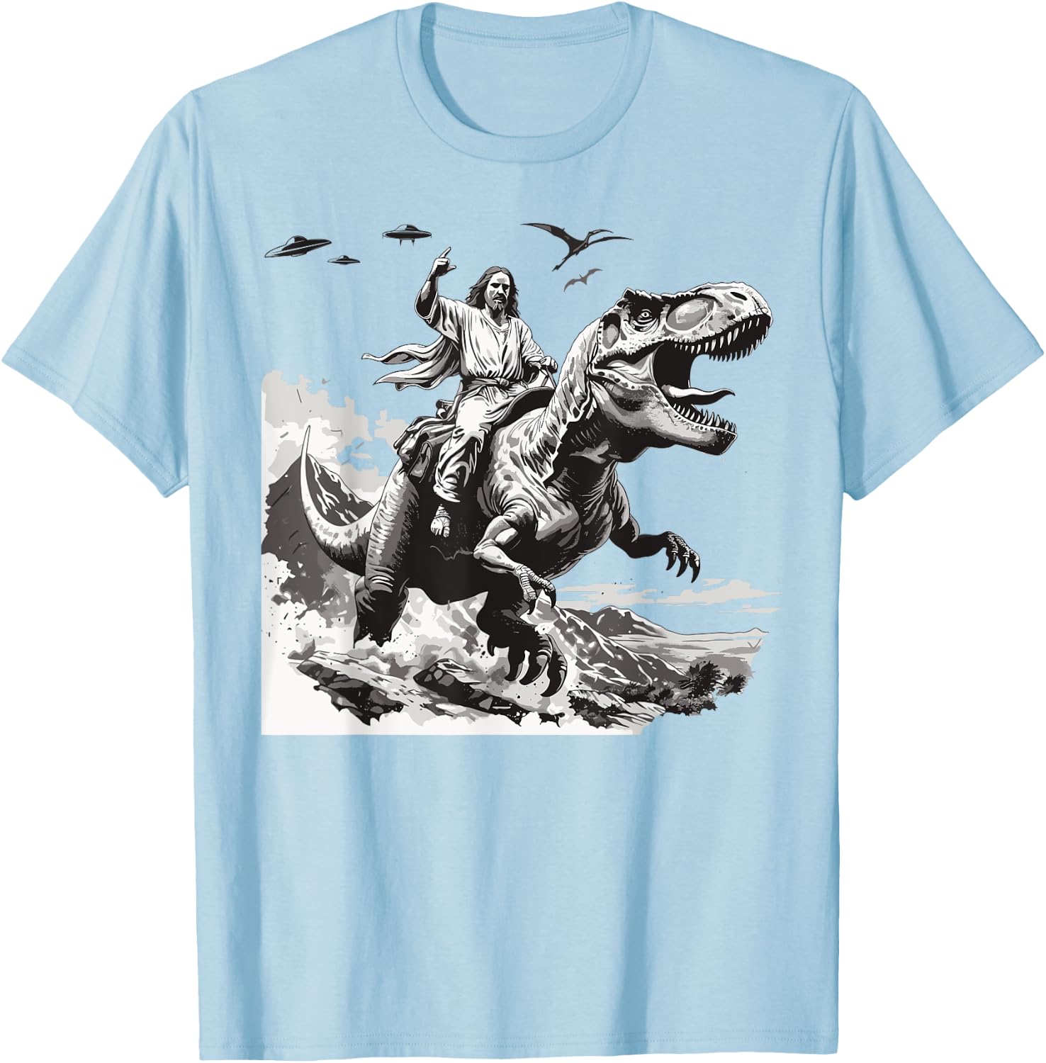 Jesus riding a dinosaur christian Religious motives funny T-Shirt - T-Shirt | Light Blue