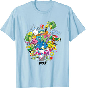 Sonic The Hedgehog Ruining Eggman's Plan Colorful Collage T-Shirt - T-Shirt | Light Blue