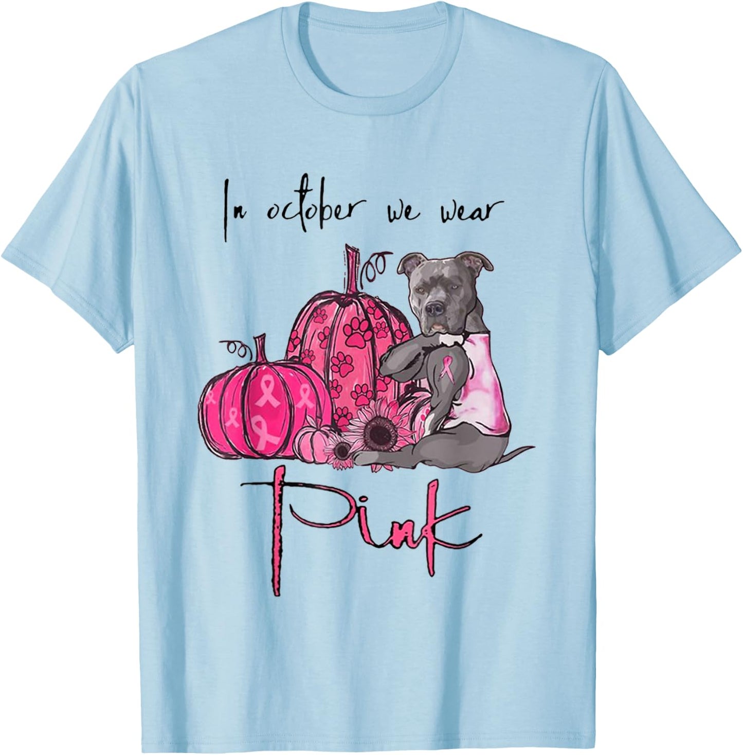 In October We Wear Pink - Breast Cancer Awareness Pitbull T-Shirt - T-Shirt | Light Blue