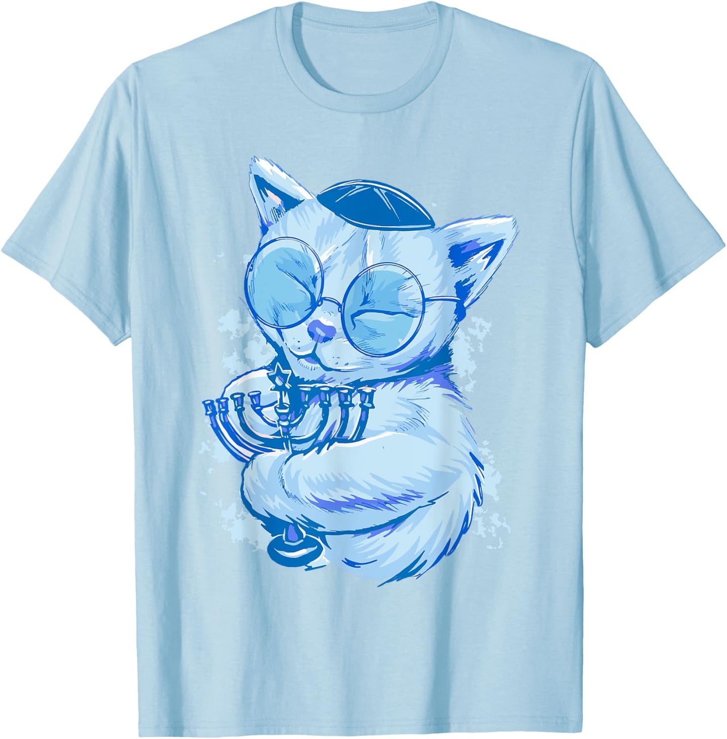 Funny Hanukkah Cat Jewish Chanukah Cat Menorah Adults Kids T-Shirt - T-Shirt | Light Blue