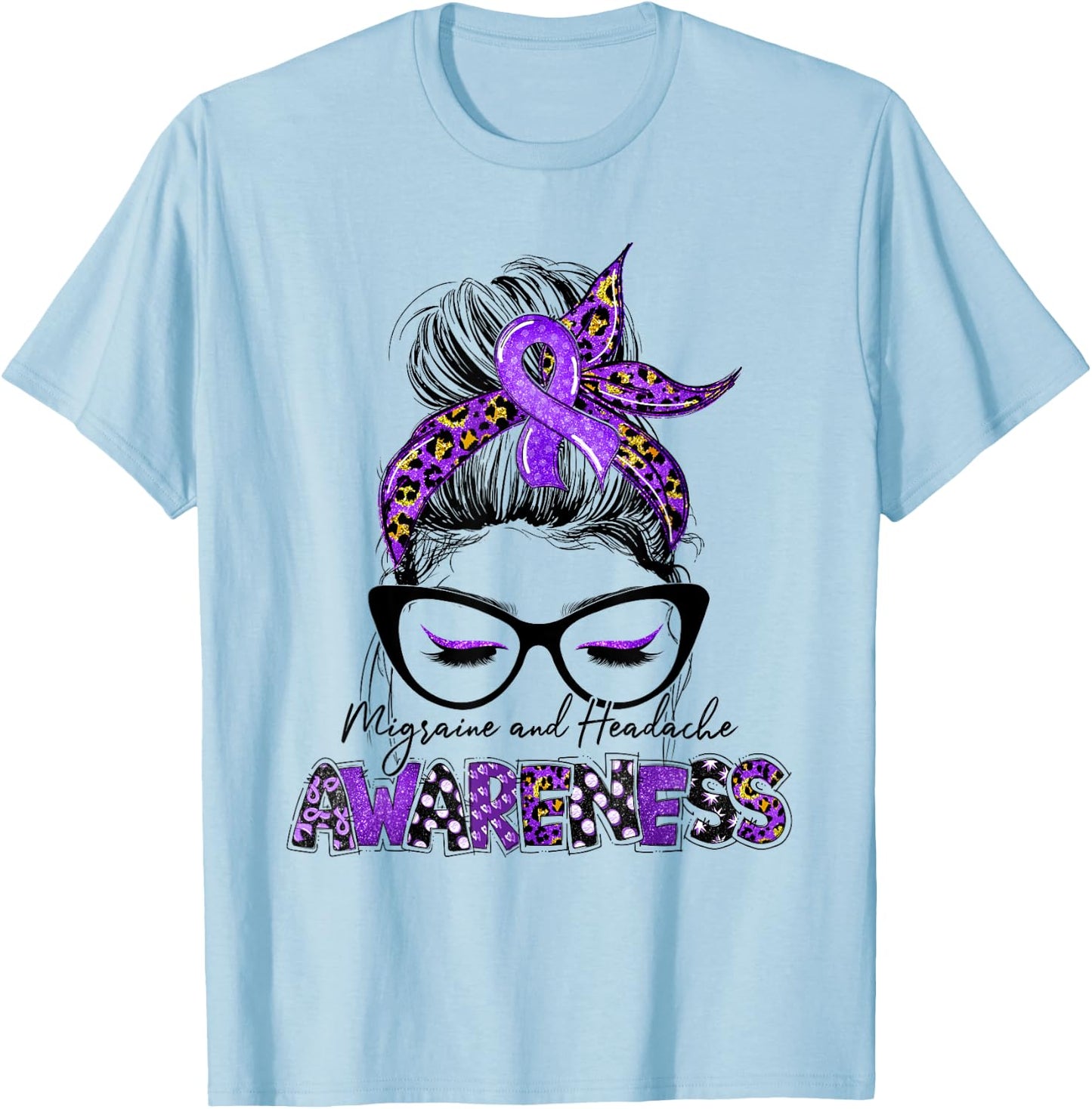 Purple Ribbon Messy Bun Migraine Headache Awareness Month T-Shirt - T-Shirt | Light Blue