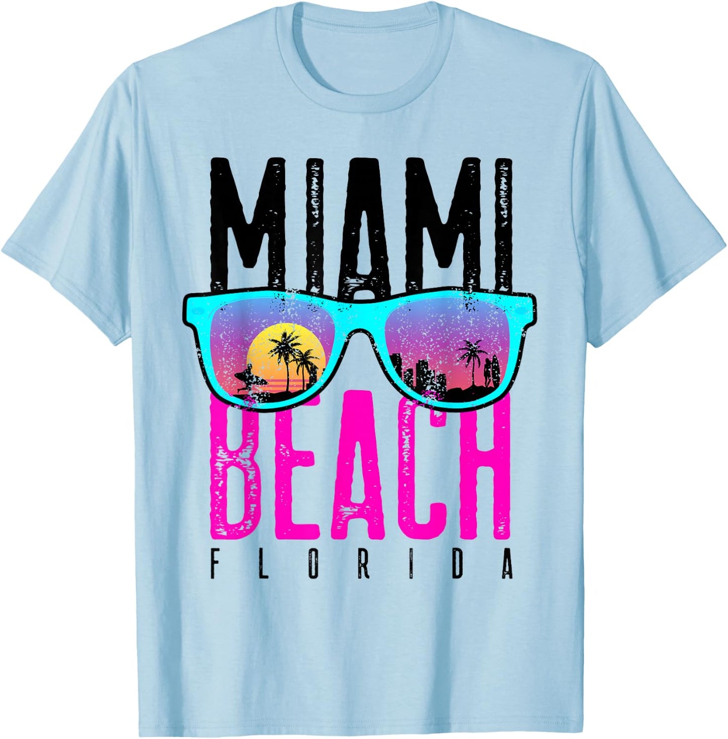Miami Beach Shirt Florida Sunset Retro Souvenir Surf Miami T-Shirt - T-Shirt | Light Blue