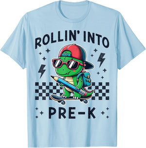 Rollin Into Pre K Dinosaur First Day Pre-K Im Ready for PreK T-Shirt - T-Shirt | Light Blue