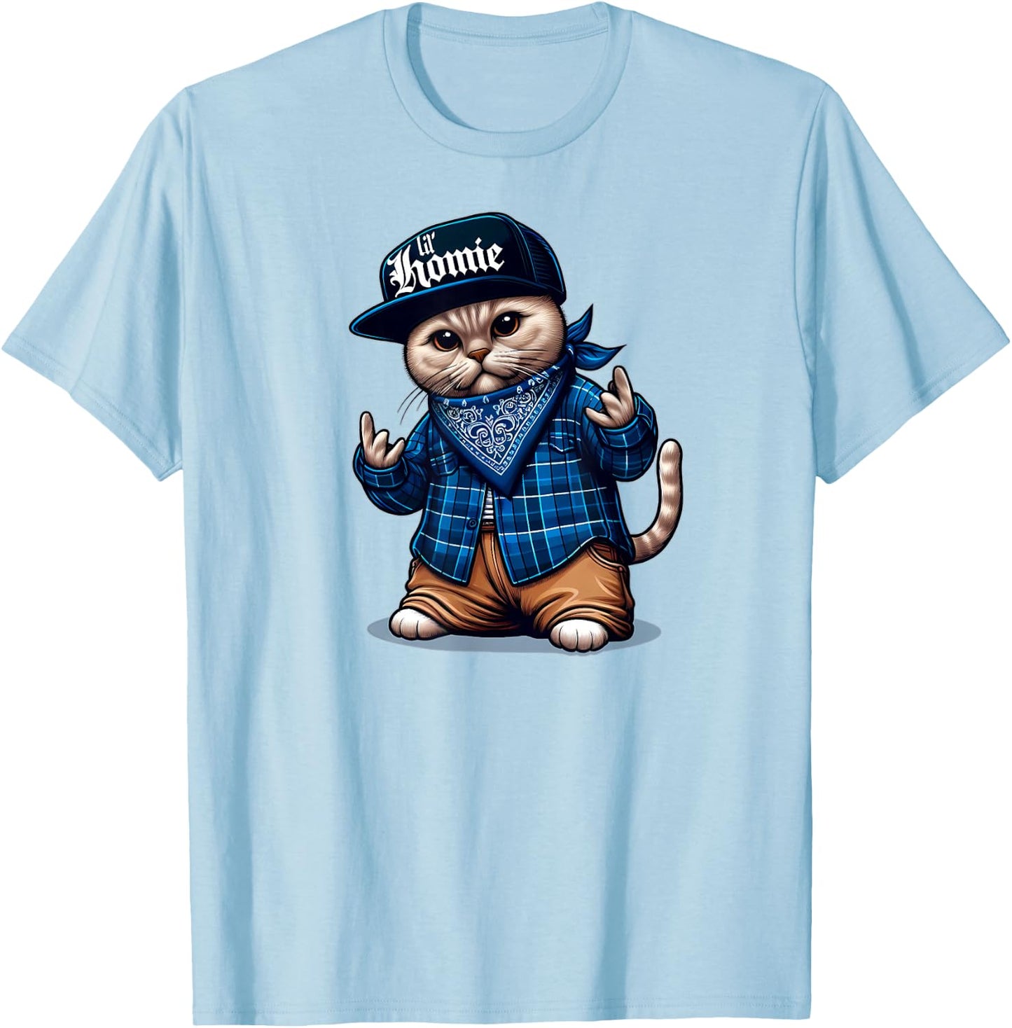 LIL HOMIE Cute Cholo Cat Chicano Art West Coast Hip Hop T-Shirt - T-Shirt | Light Blue